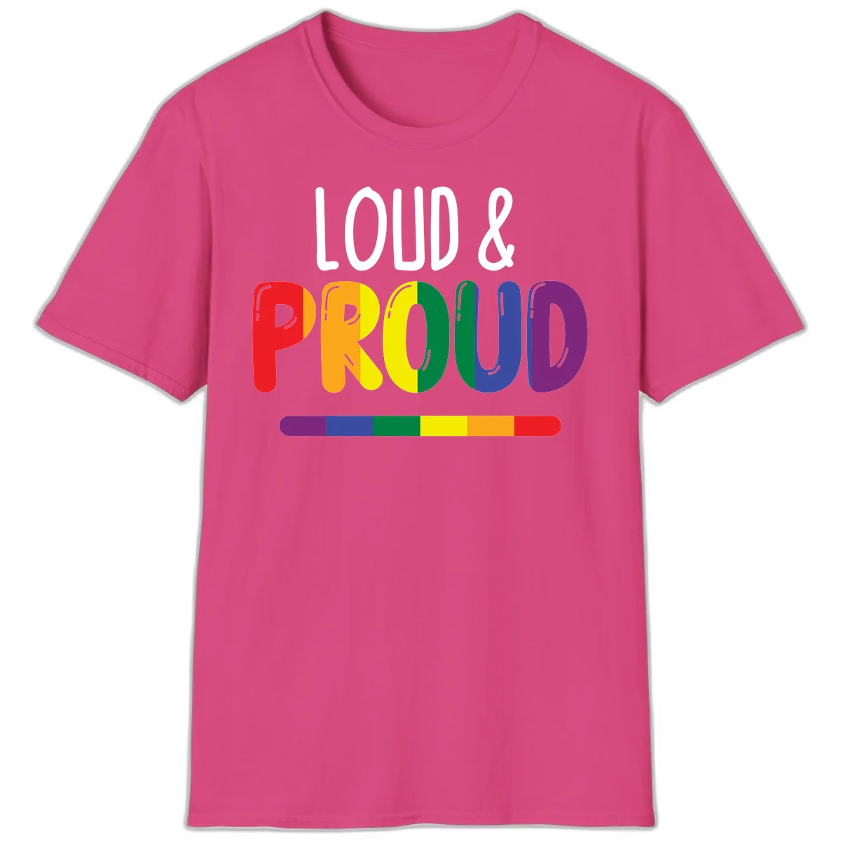 Loud and proud rainbow pride design with colorful gradient letters and pride flag stripe on gray background in Heliconia