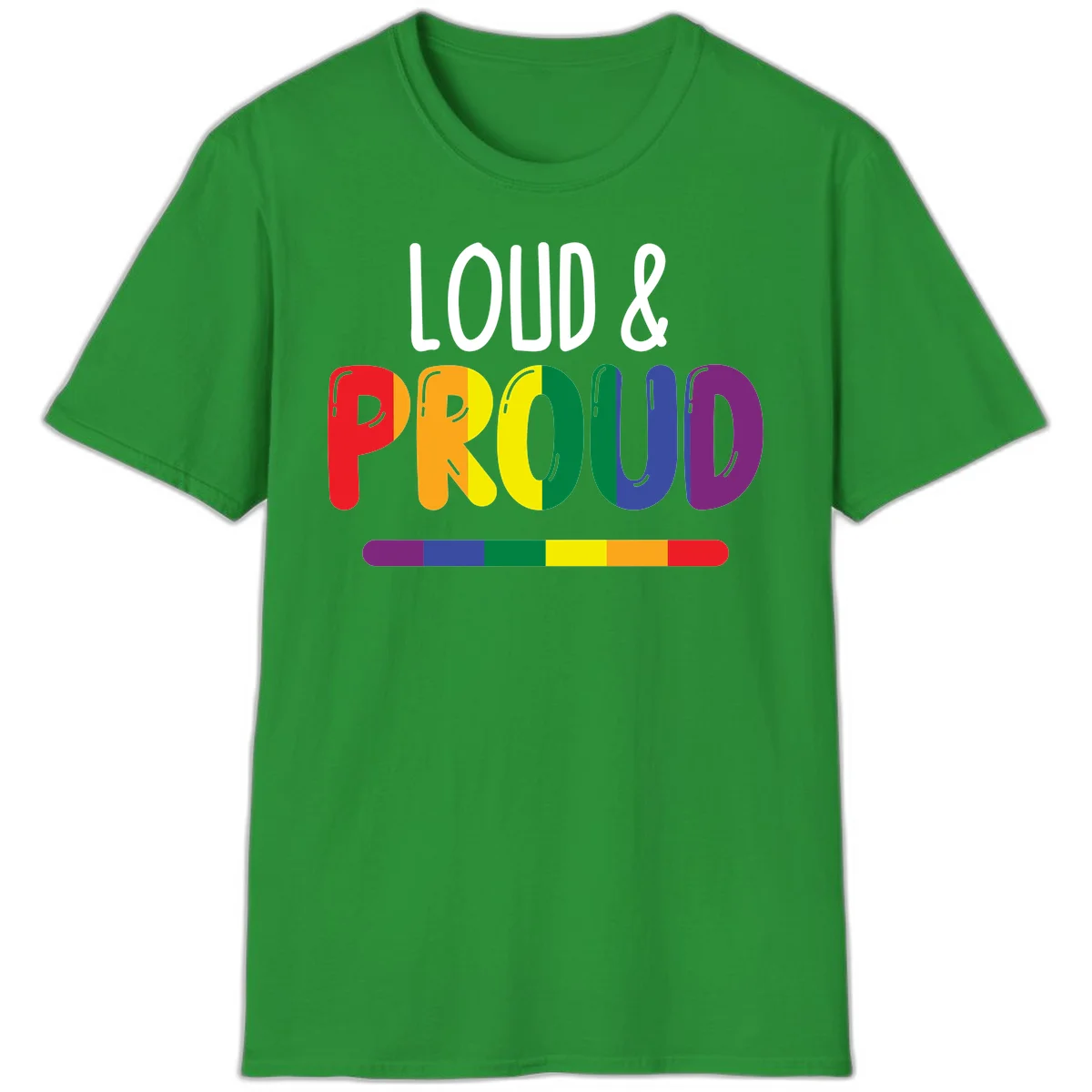 Loud and proud rainbow pride design with colorful gradient letters and pride flag stripe on gray background in Irish Green