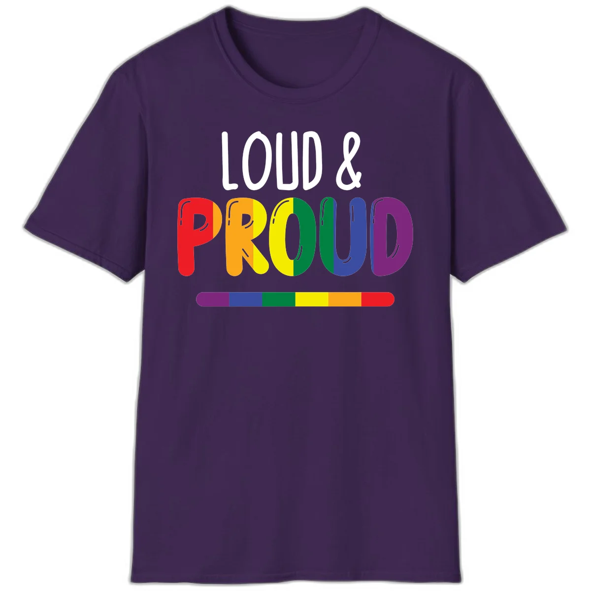 Loud and proud rainbow pride design with colorful gradient letters and pride flag stripe on gray background in Purple