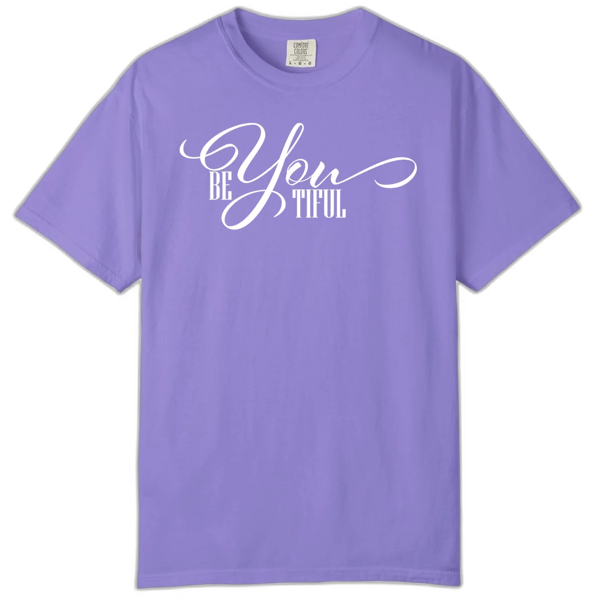 Elegant white typography reading 'BE YOU THRILL' with decorative script and serif lettering on gray background in Violet