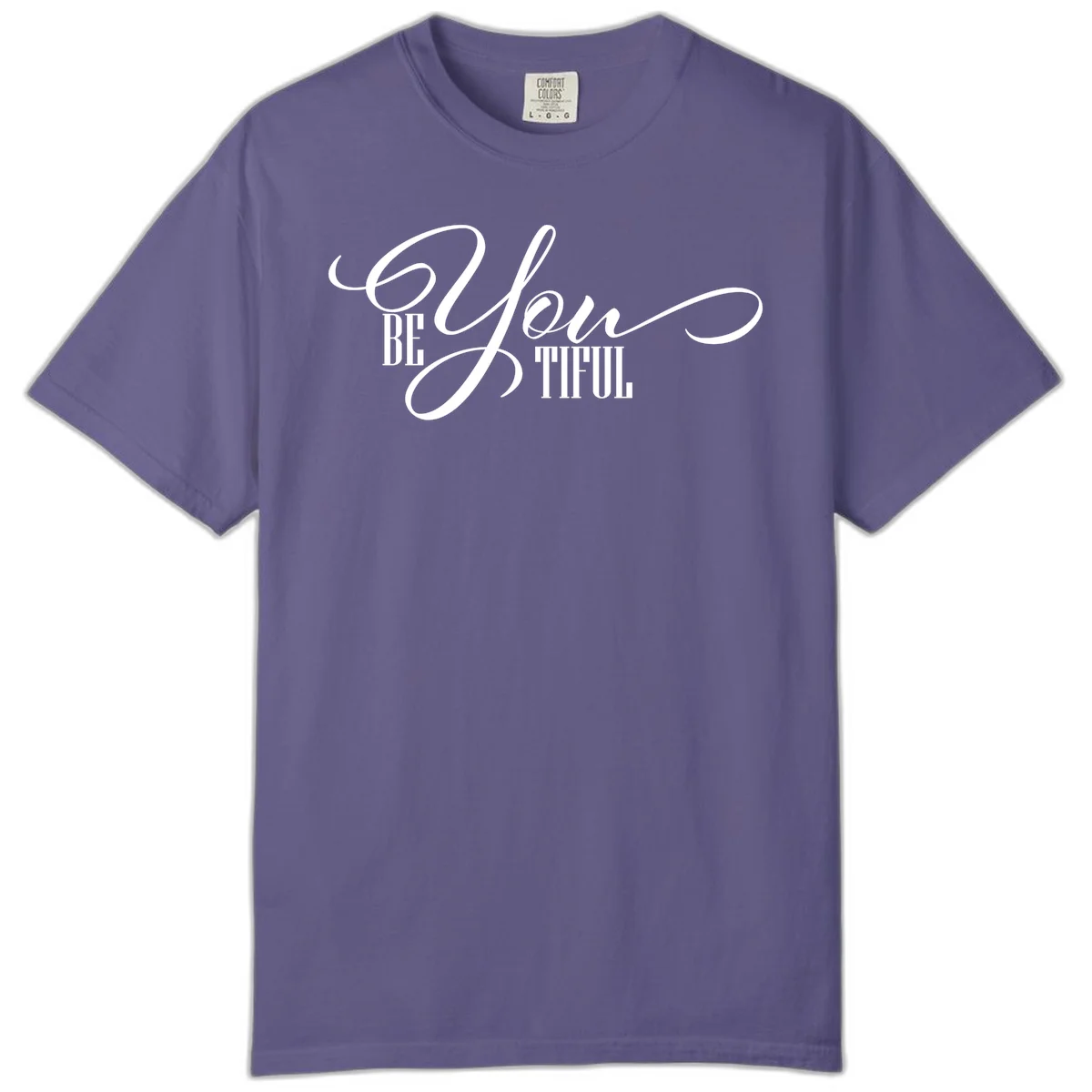Elegant white typography reading 'BE YOU THRILL' with decorative script and serif lettering on gray background in Grape