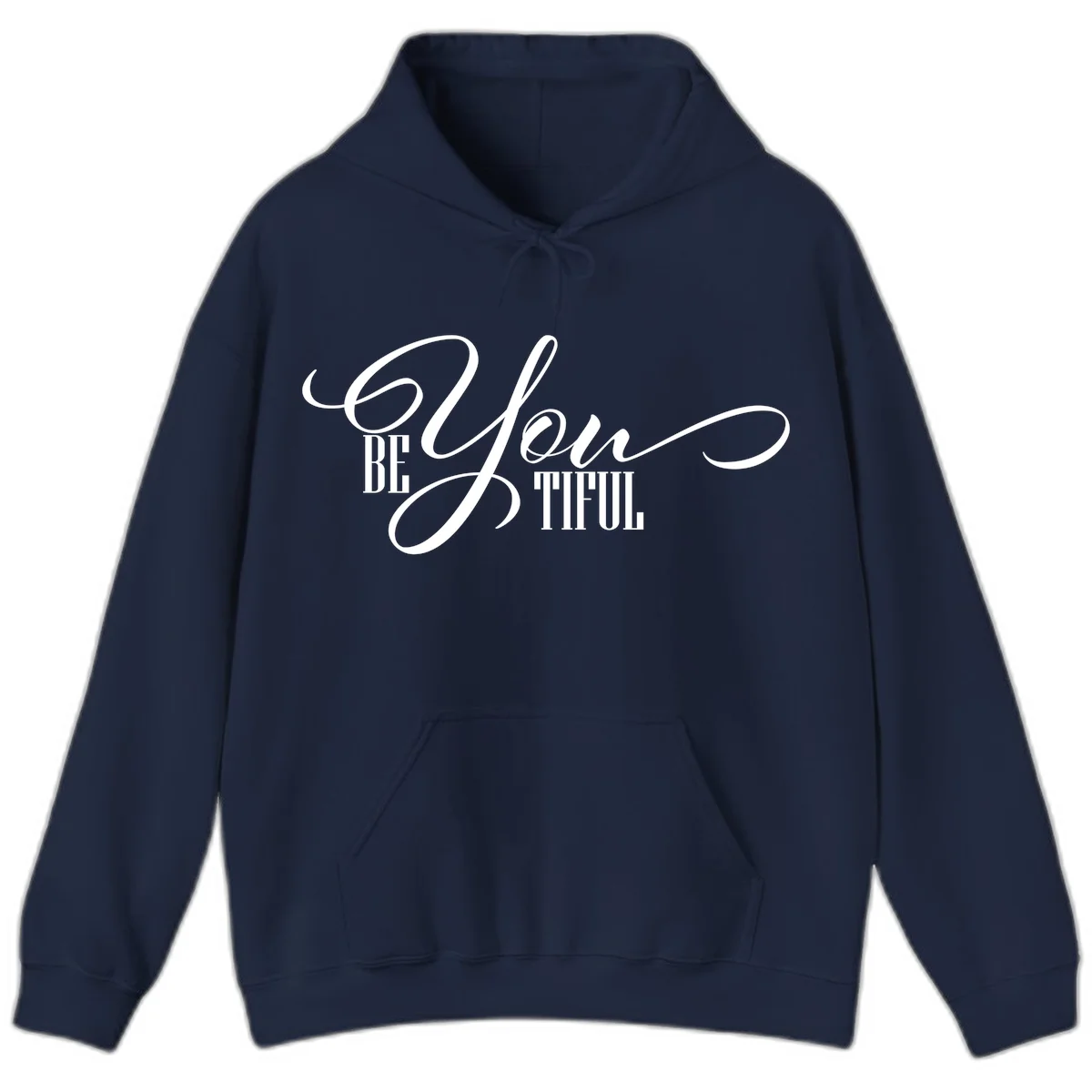 Elegant white typography reading 'BE YOU THRILL' with decorative script and serif lettering on gray background in Navy