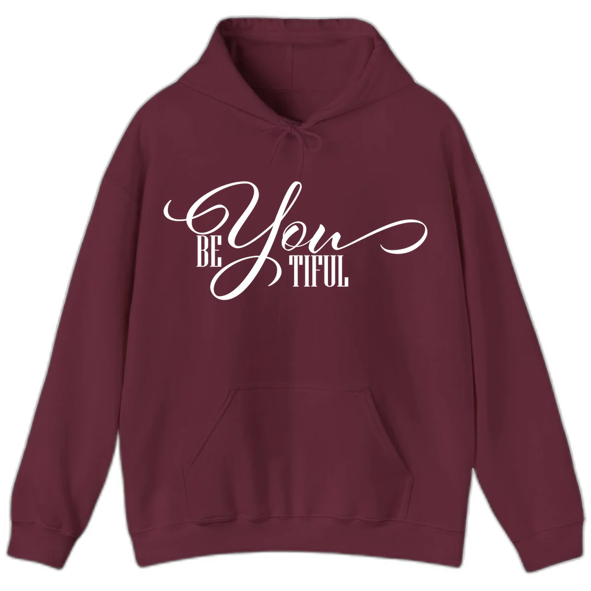 Elegant white typography reading 'BE YOU THRILL' with decorative script and serif lettering on gray background in Maroon