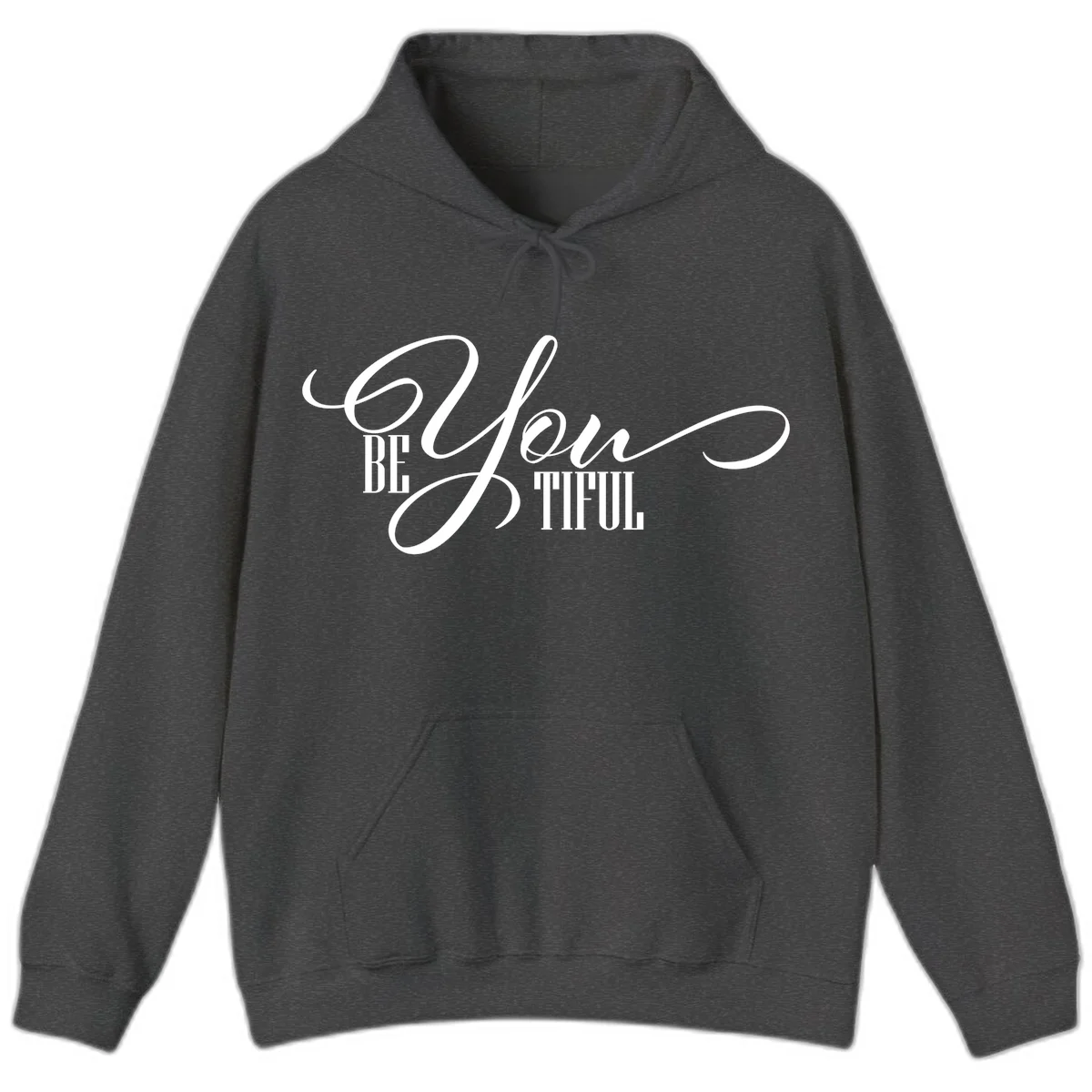 Elegant white typography reading 'BE YOU THRILL' with decorative script and serif lettering on gray background in Dark Heather