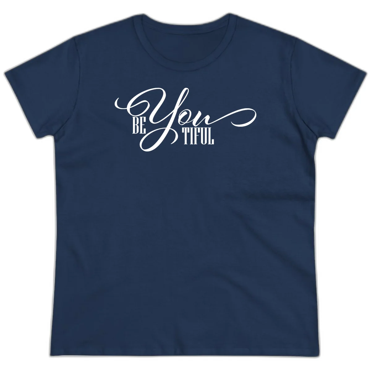 Elegant white typography reading 'BE YOU THRILL' with decorative script and serif lettering on gray background in Navy