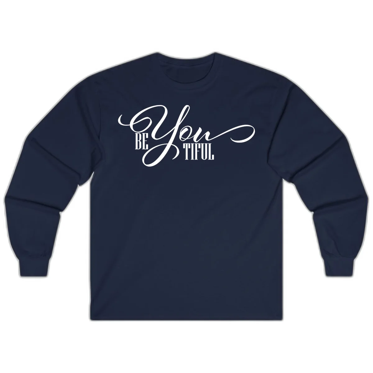 Elegant white typography reading 'BE YOU THRILL' with decorative script and serif lettering on gray background in Navy