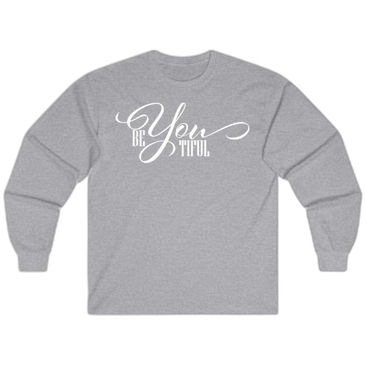 Elegant white typography reading 'BE YOU THRILL' with decorative script and serif lettering on gray background in Sport Grey