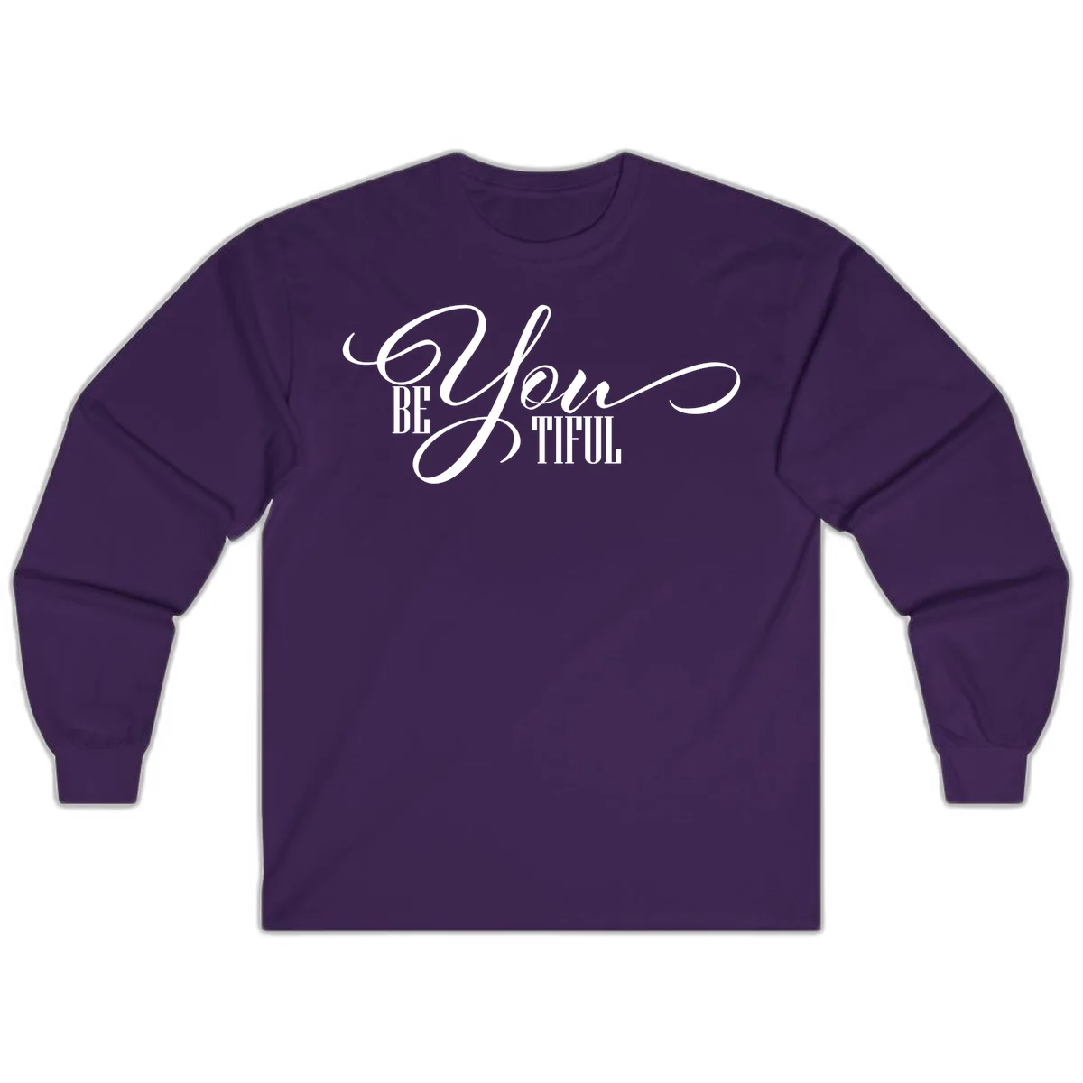 Elegant white typography reading 'BE YOU THRILL' with decorative script and serif lettering on gray background in Purple