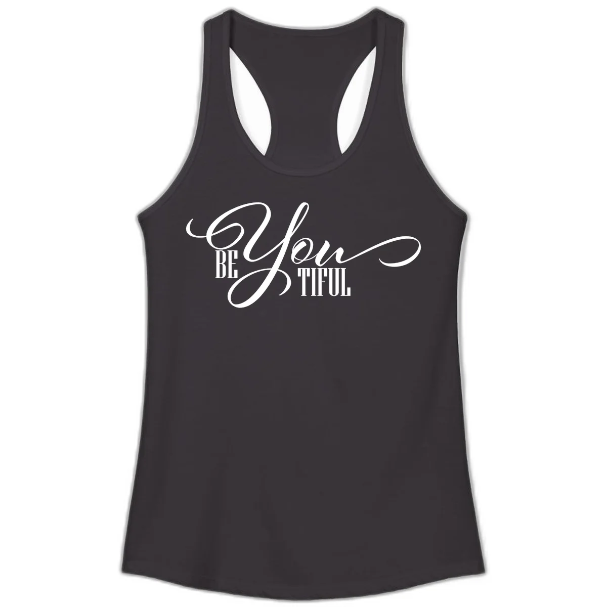 Elegant white typography reading 'BE YOU THRILL' with decorative script and serif lettering on gray background in Black