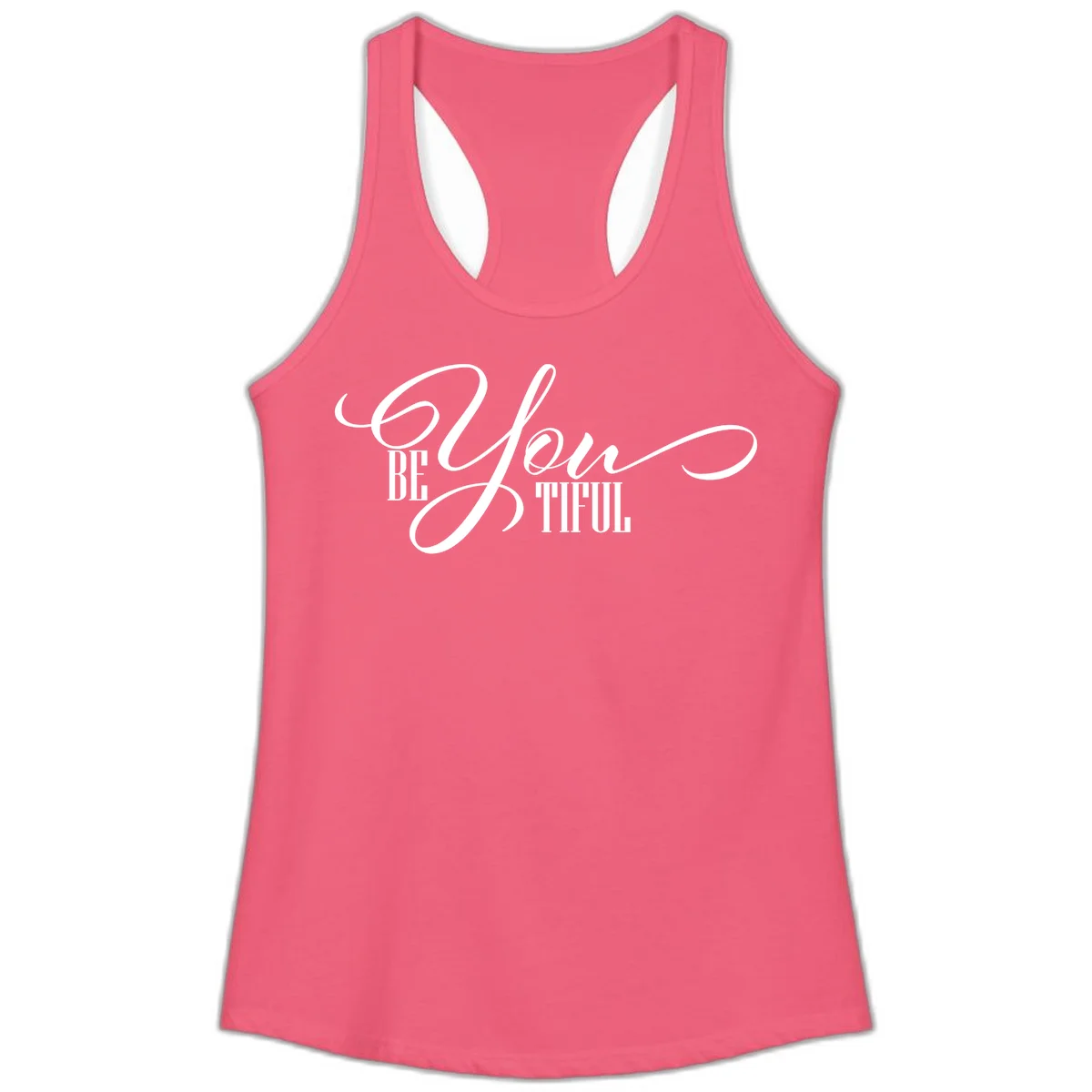 Elegant white typography reading 'BE YOU THRILL' with decorative script and serif lettering on gray background in Hot Pink