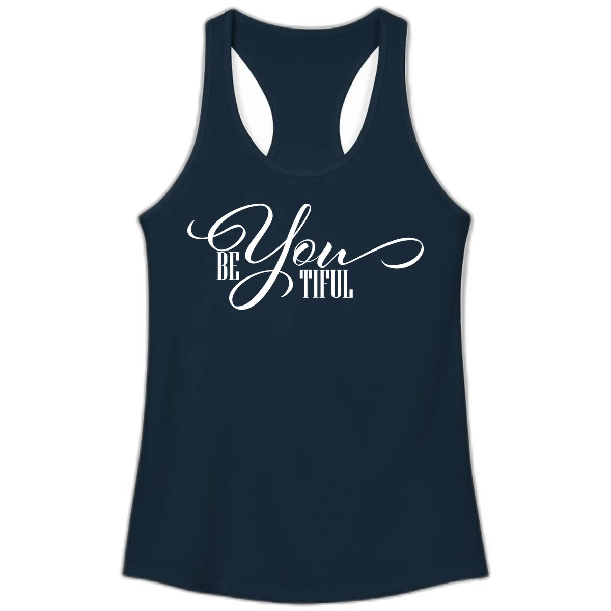 Elegant white typography reading 'BE YOU THRILL' with decorative script and serif lettering on gray background in Solid Midnight Navy