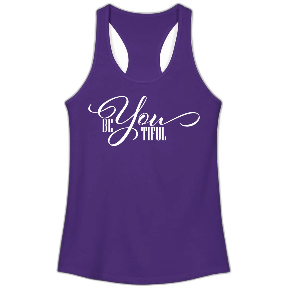 Elegant white typography reading 'BE YOU THRILL' with decorative script and serif lettering on gray background in Solid Purple Rush