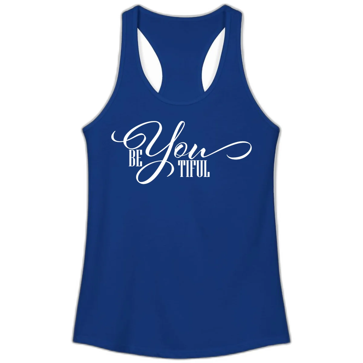 Elegant white typography reading 'BE YOU THRILL' with decorative script and serif lettering on gray background in Solid Royal