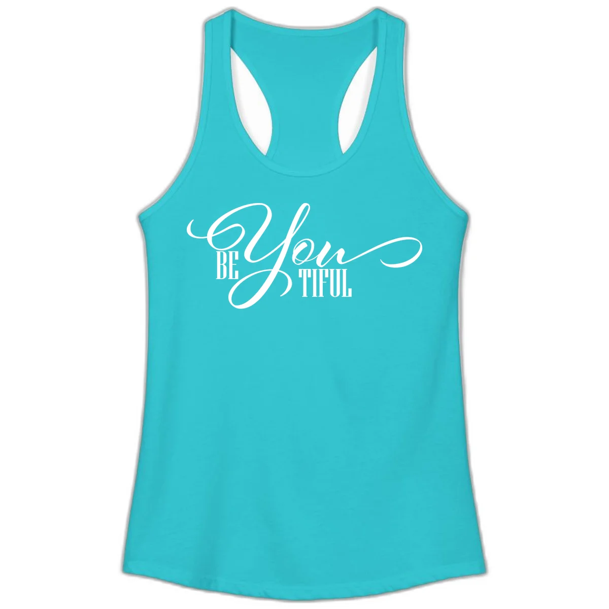 Elegant white typography reading 'BE YOU THRILL' with decorative script and serif lettering on gray background in Solid Tahiti Blue