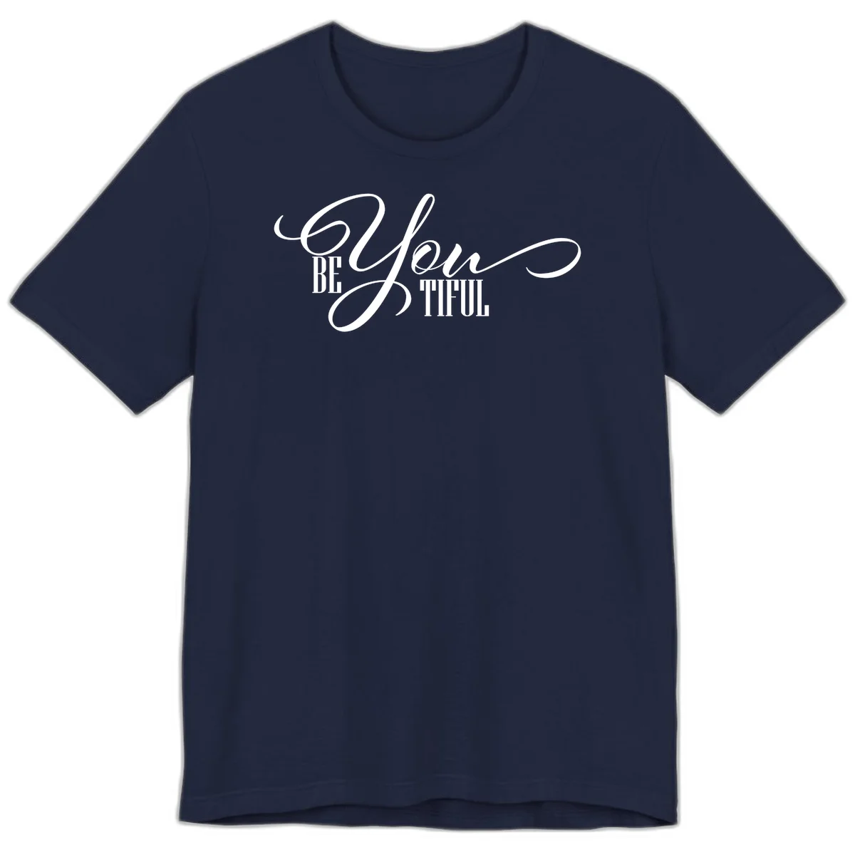 Elegant white typography reading 'BE YOU THRILL' with decorative script and serif lettering on gray background in Navy