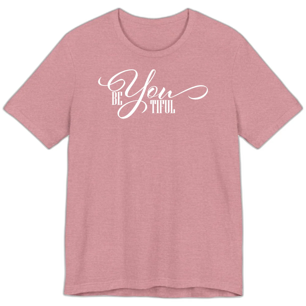 Elegant white typography reading 'BE YOU THRILL' with decorative script and serif lettering on gray background in Heather Orchid