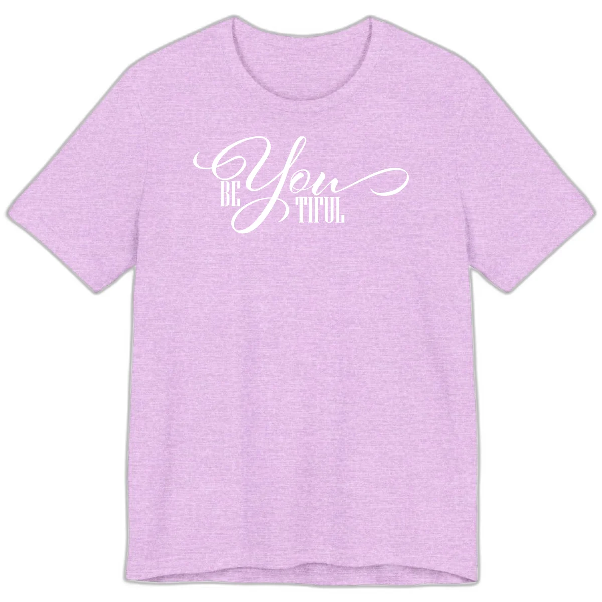 Elegant white typography reading 'BE YOU THRILL' with decorative script and serif lettering on gray background in Heather Prism Lilac