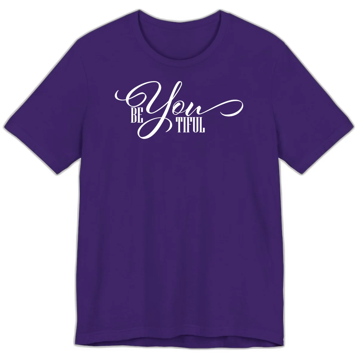 Elegant white typography reading 'BE YOU THRILL' with decorative script and serif lettering on gray background in Team Purple