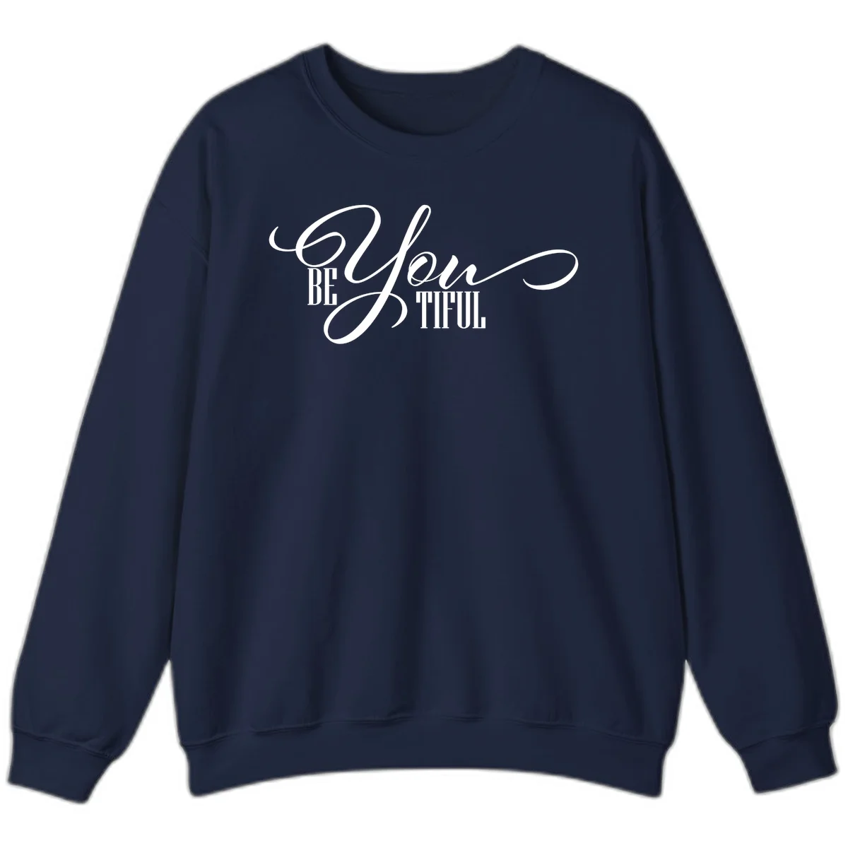 Elegant white typography reading 'BE YOU THRILL' with decorative script and serif lettering on gray background in Navy