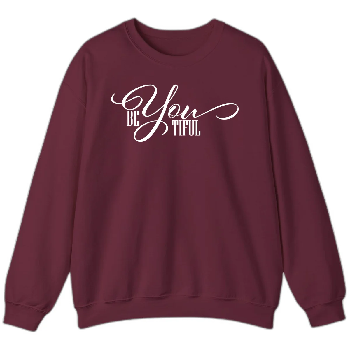 Elegant white typography reading 'BE YOU THRILL' with decorative script and serif lettering on gray background in Maroon