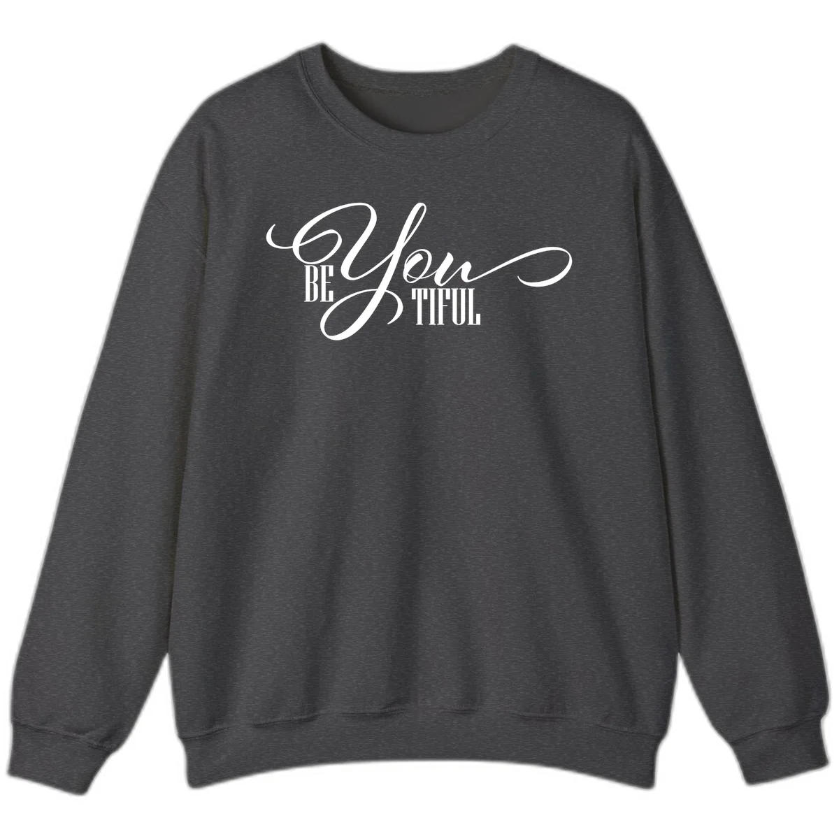 Elegant white typography reading 'BE YOU THRILL' with decorative script and serif lettering on gray background in Dark Heather