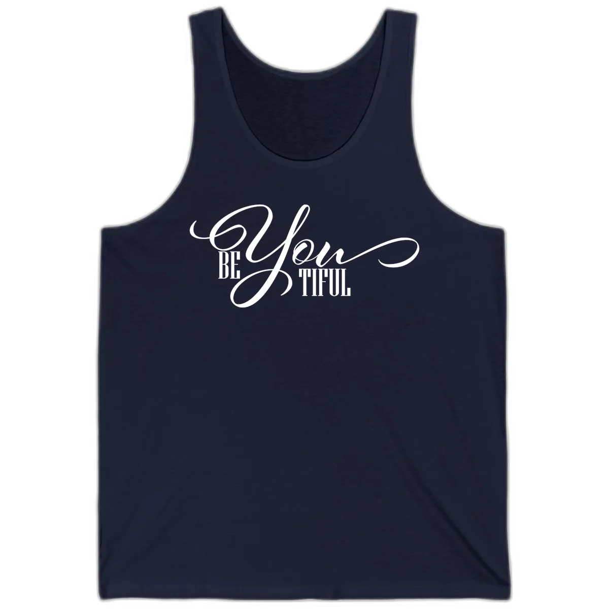 Elegant white typography reading 'BE YOU THRILL' with decorative script and serif lettering on gray background in Navy