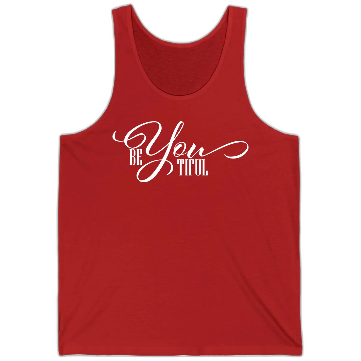 Elegant white typography reading 'BE YOU THRILL' with decorative script and serif lettering on gray background in Red