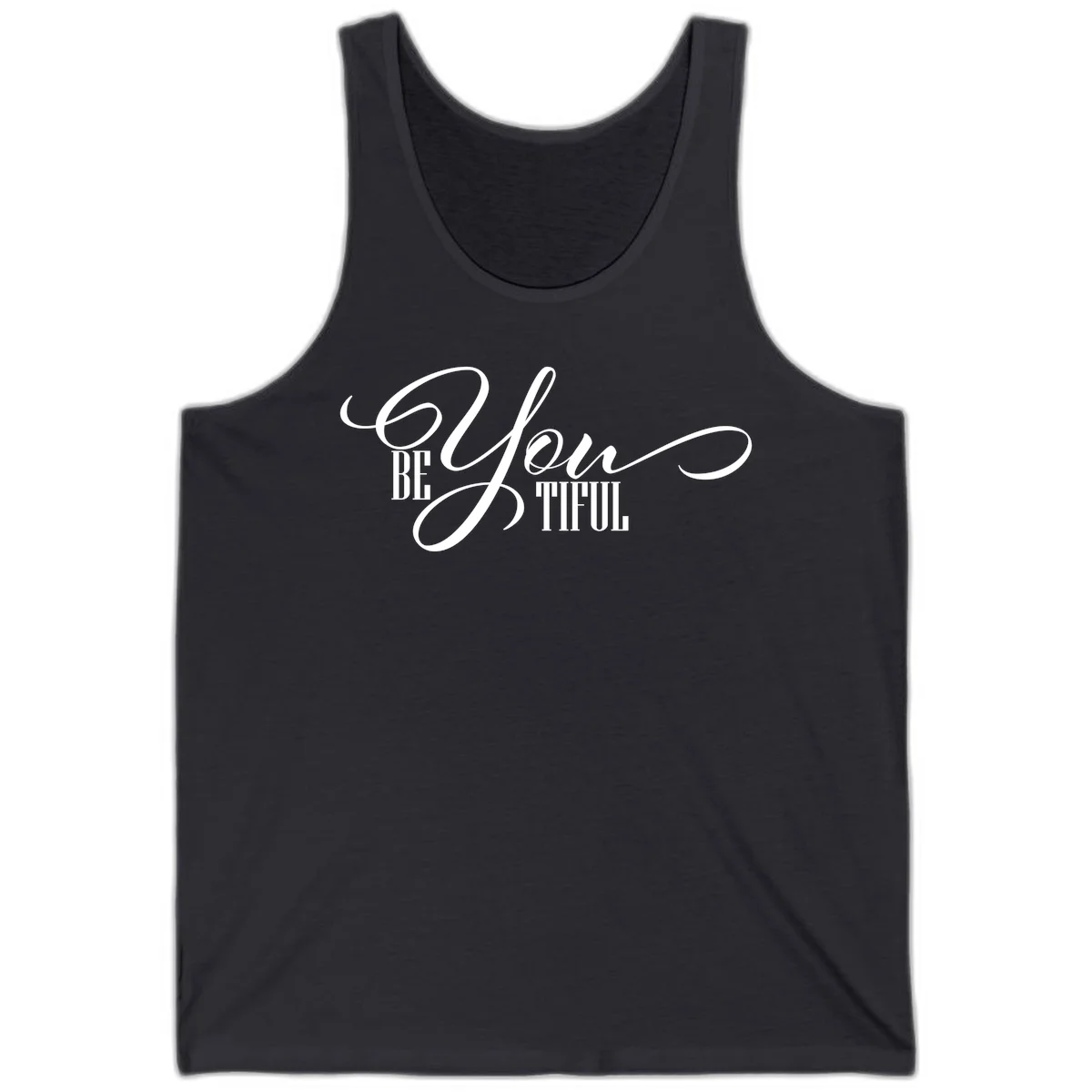 Elegant white typography reading 'BE YOU THRILL' with decorative script and serif lettering on gray background in Dark Grey