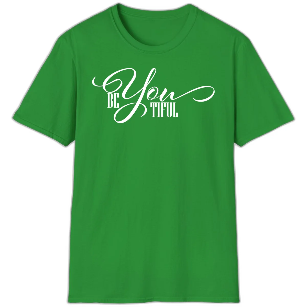 Elegant white typography reading 'BE YOU THRILL' with decorative script and serif lettering on gray background in Irish Green