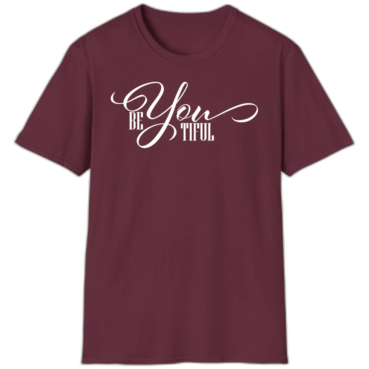Elegant white typography reading 'BE YOU THRILL' with decorative script and serif lettering on gray background in Maroon
