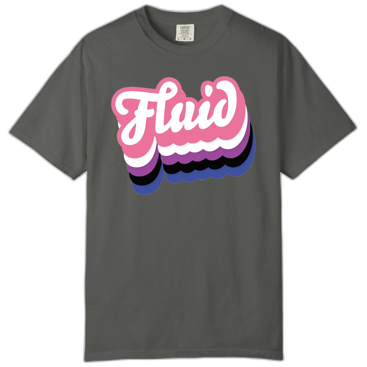 Slay pride clouds design: white script text 'Slay' layered over multicolored scalloped cloud shapes in pink, purple, black, and blue gradient in Pepper