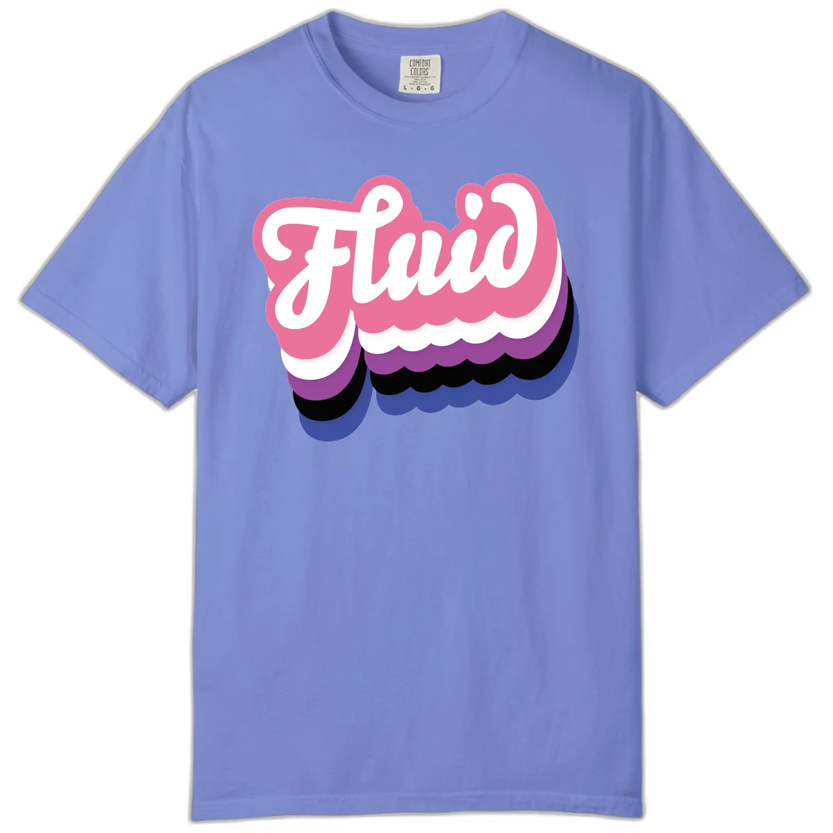 Slay pride clouds design: white script text 'Slay' layered over multicolored scalloped cloud shapes in pink, purple, black, and blue gradient in Flo Blue