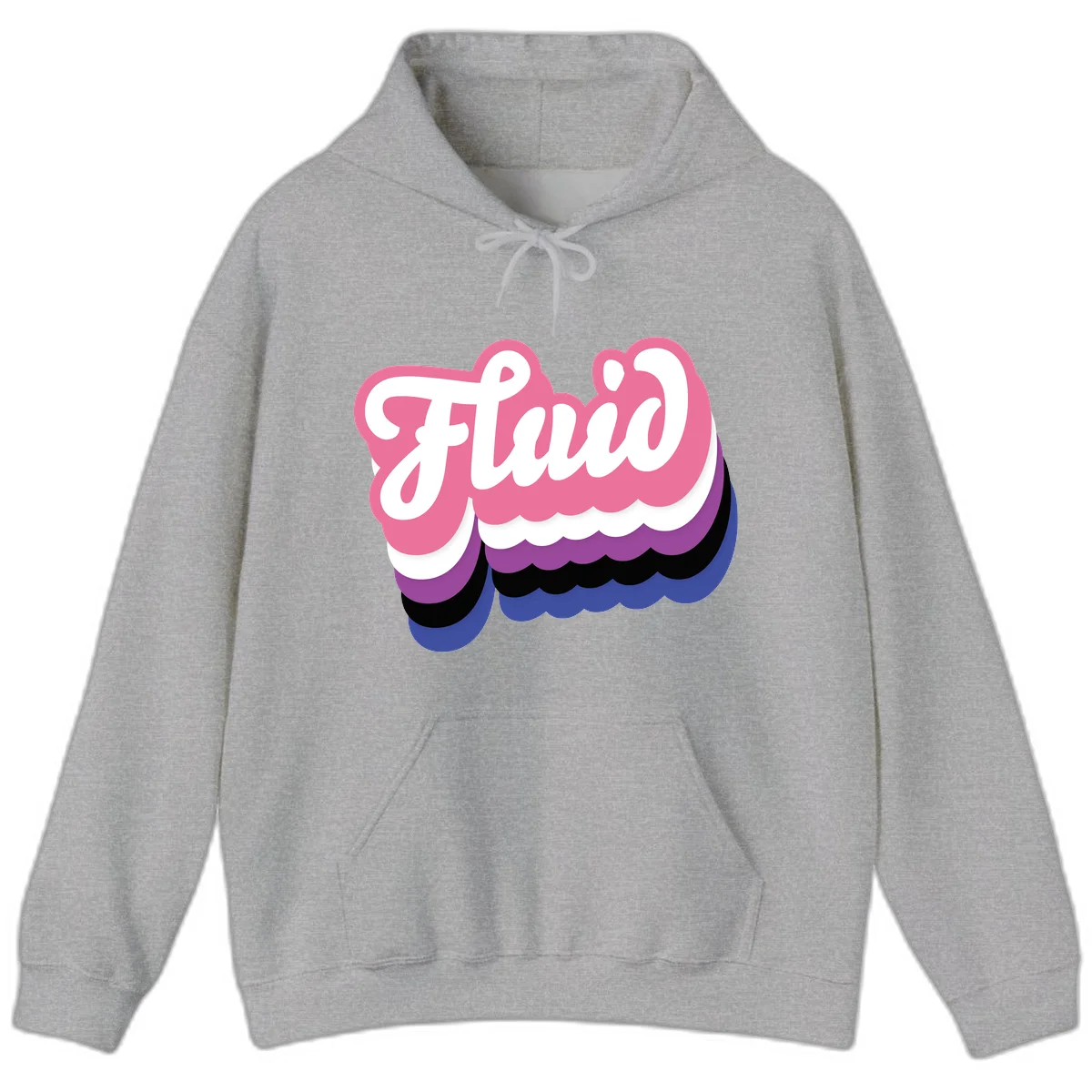 Slay pride clouds design: white script text 'Slay' layered over multicolored scalloped cloud shapes in pink, purple, black, and blue gradient in Sport Grey