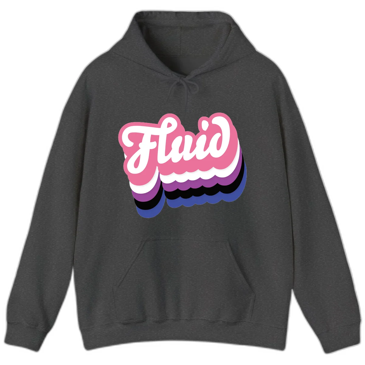 Slay pride clouds design: white script text 'Slay' layered over multicolored scalloped cloud shapes in pink, purple, black, and blue gradient in Dark Heather