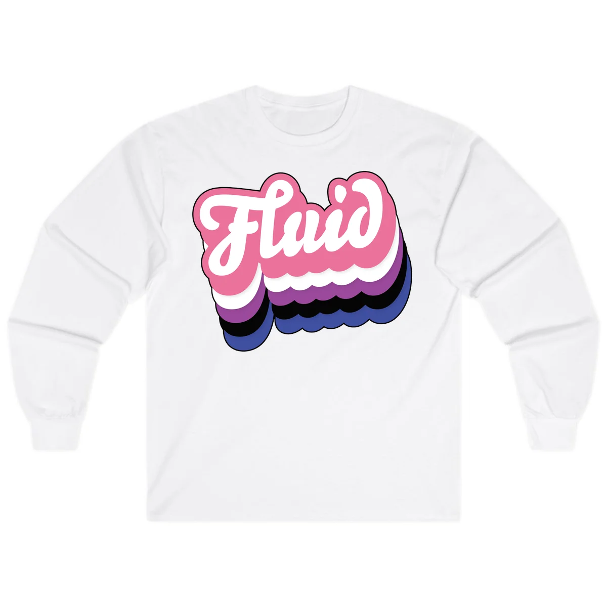Slay pride clouds design: white script text 'Slay' layered over multicolored scalloped cloud shapes in pink, purple, black, and blue gradient in White