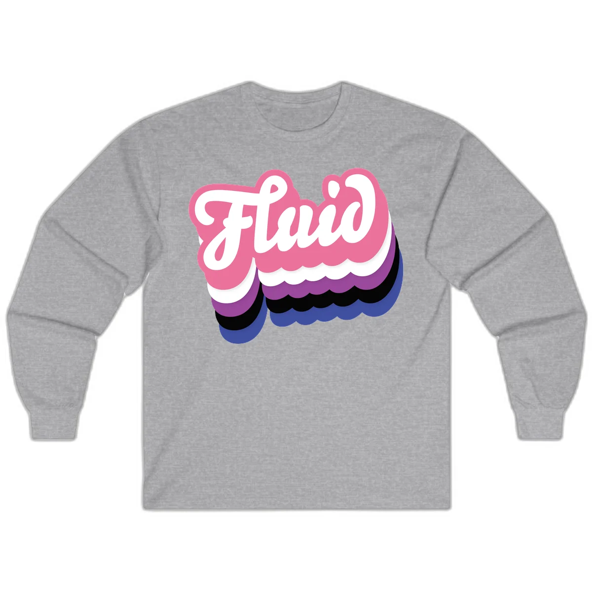 Slay pride clouds design: white script text 'Slay' layered over multicolored scalloped cloud shapes in pink, purple, black, and blue gradient in Sport Grey