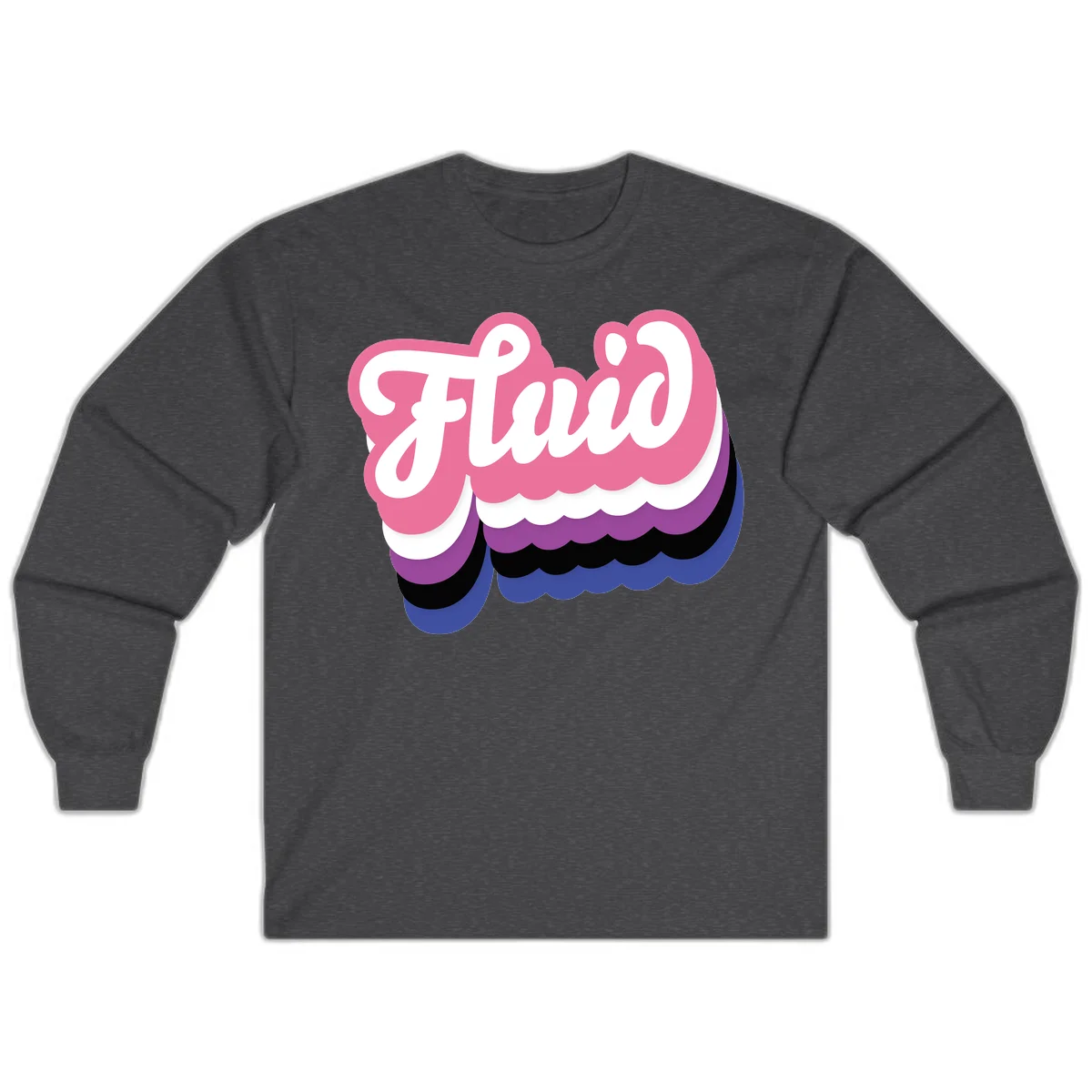 Slay pride clouds design: white script text 'Slay' layered over multicolored scalloped cloud shapes in pink, purple, black, and blue gradient in Dark Heather