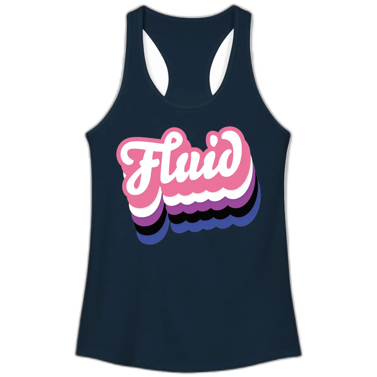 Slay pride clouds design: white script text 'Slay' layered over multicolored scalloped cloud shapes in pink, purple, black, and blue gradient in Solid Midnight Navy