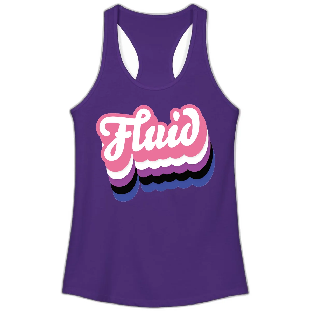 Slay pride clouds design: white script text 'Slay' layered over multicolored scalloped cloud shapes in pink, purple, black, and blue gradient in Solid Purple Rush