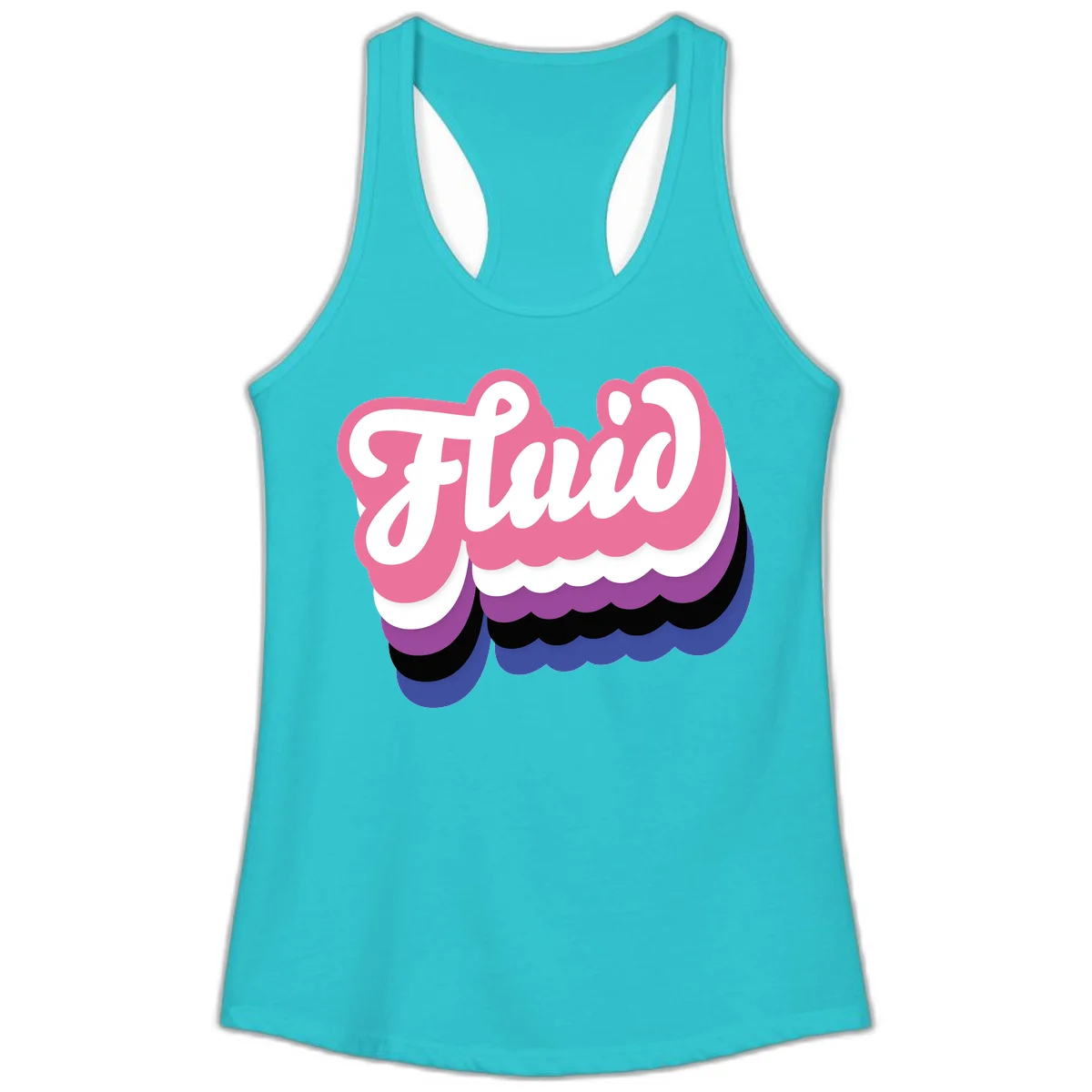 Slay pride clouds design: white script text 'Slay' layered over multicolored scalloped cloud shapes in pink, purple, black, and blue gradient in Solid Tahiti Blue