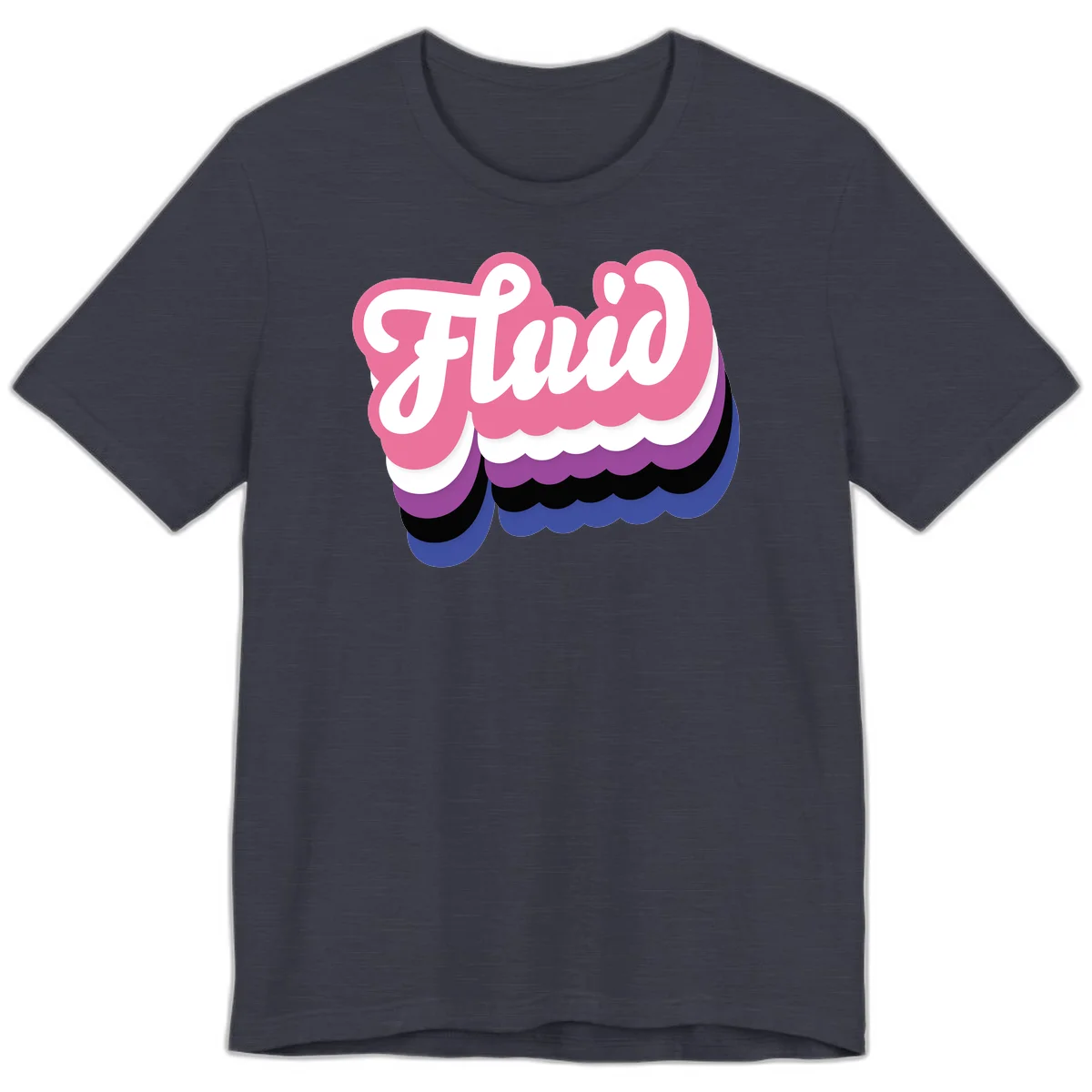 Slay pride clouds design: white script text 'Slay' layered over multicolored scalloped cloud shapes in pink, purple, black, and blue gradient in Heather Midnight Navy