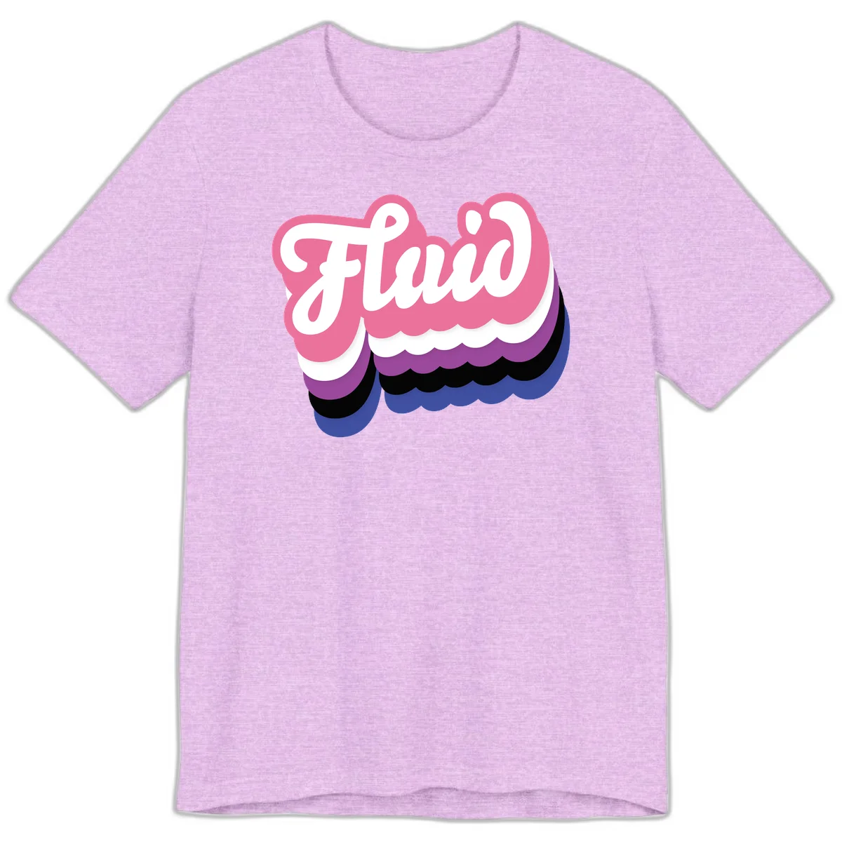 Slay pride clouds design: white script text 'Slay' layered over multicolored scalloped cloud shapes in pink, purple, black, and blue gradient in Heather Prism Lilac