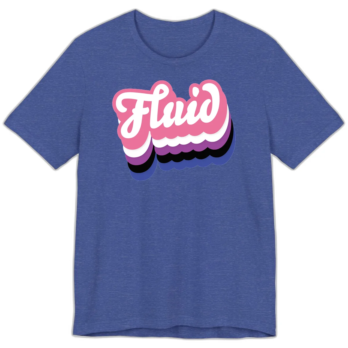 Slay pride clouds design: white script text 'Slay' layered over multicolored scalloped cloud shapes in pink, purple, black, and blue gradient in Heather True Royal