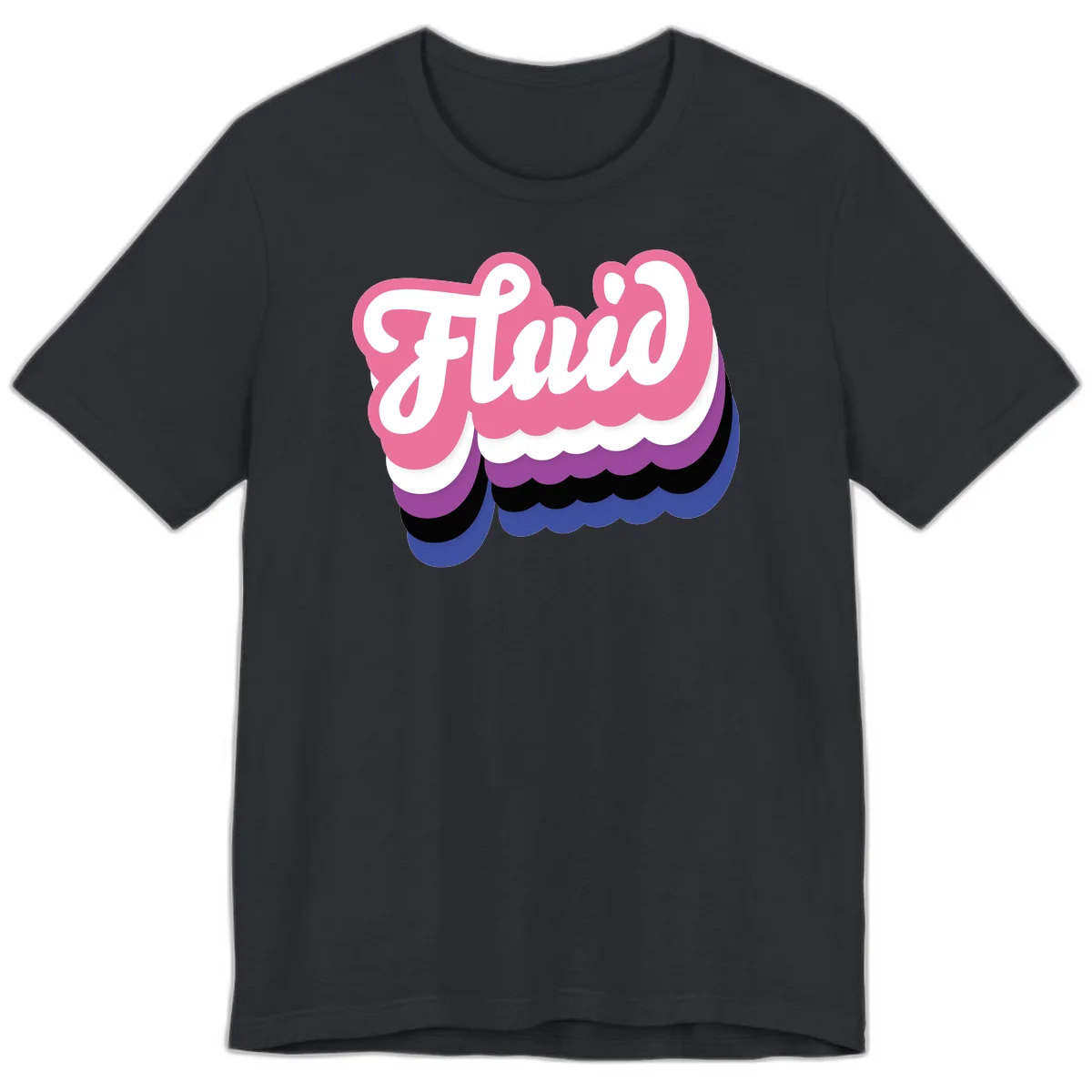 Slay pride clouds design: white script text 'Slay' layered over multicolored scalloped cloud shapes in pink, purple, black, and blue gradient in Vintage Black