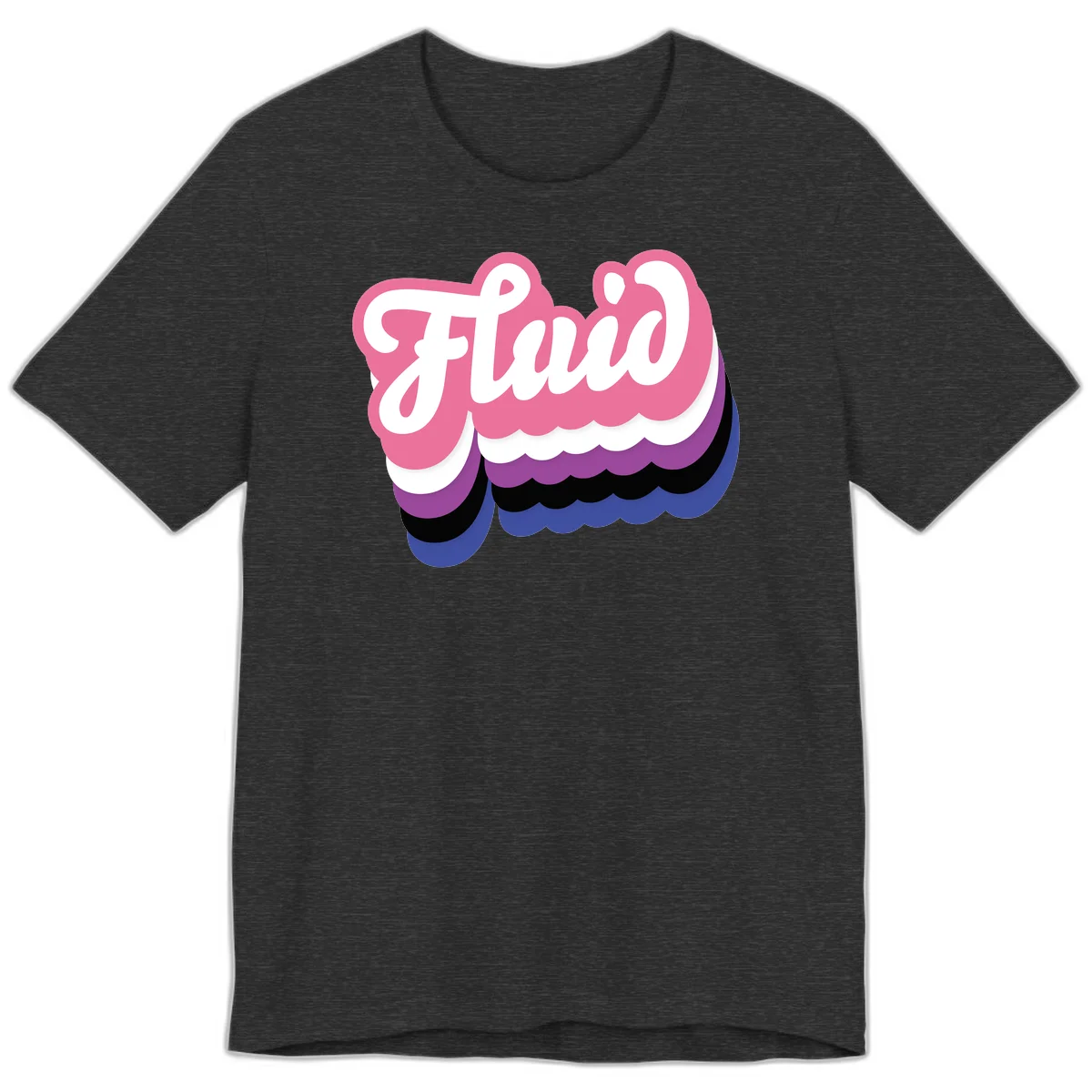 Slay pride clouds design: white script text 'Slay' layered over multicolored scalloped cloud shapes in pink, purple, black, and blue gradient in Dark Grey Heather