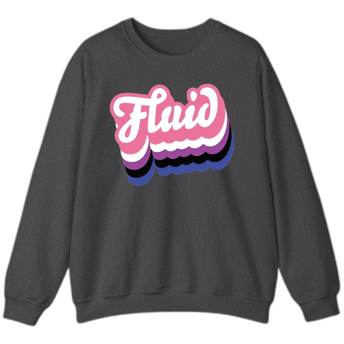 Slay pride clouds design: white script text 'Slay' layered over multicolored scalloped cloud shapes in pink, purple, black, and blue gradient in Dark Heather