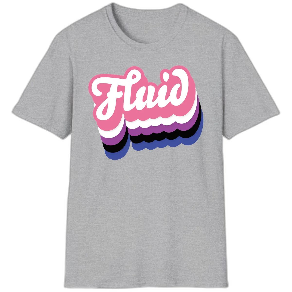 Slay pride clouds design: white script text 'Slay' layered over multicolored scalloped cloud shapes in pink, purple, black, and blue gradient in Sport Grey