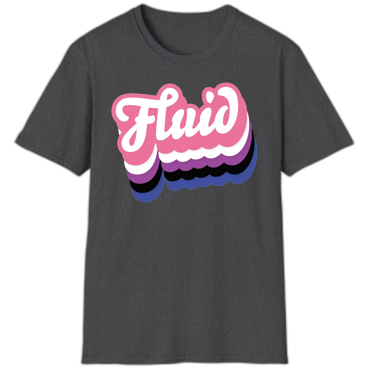 Slay pride clouds design: white script text 'Slay' layered over multicolored scalloped cloud shapes in pink, purple, black, and blue gradient in Dark Heather