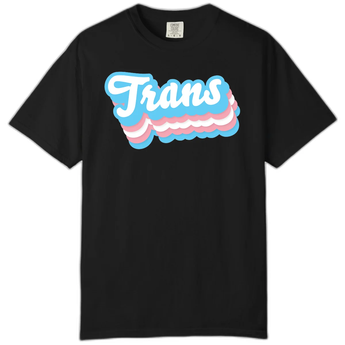 Trans pride cloud layers design with white 'Trans' text on alternating blue, pink, and white scalloped cloud shapes in Black