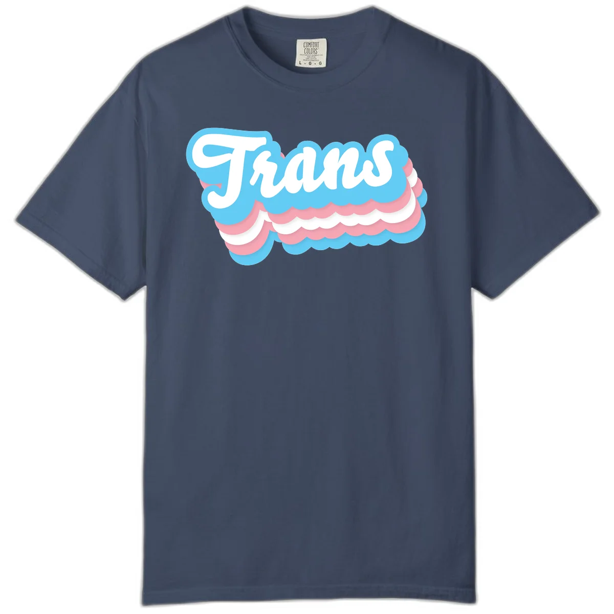 Trans pride cloud layers design with white 'Trans' text on alternating blue, pink, and white scalloped cloud shapes in Midnight